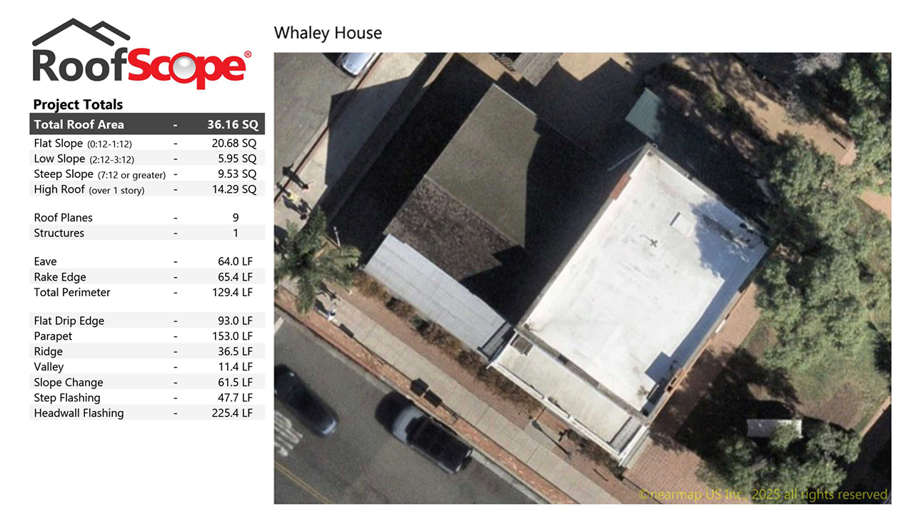 The Whaley House roofline and facade, Old Town San Diego