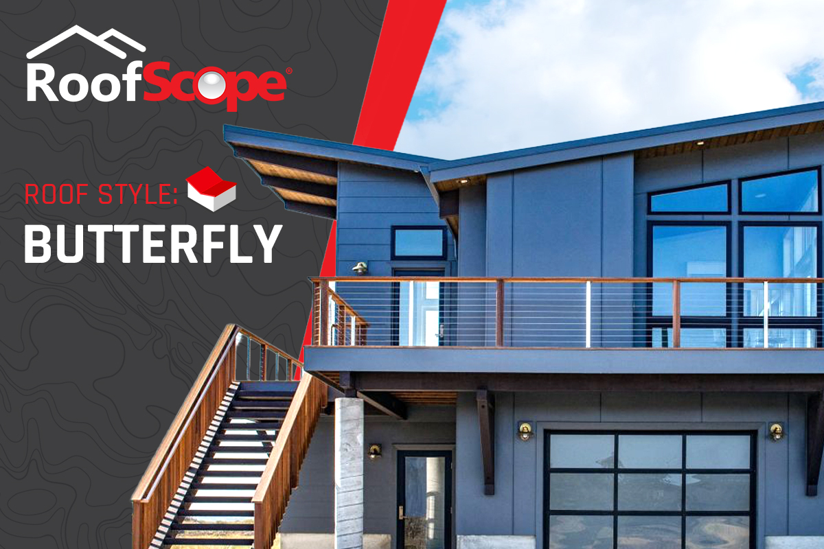 Butterfly roof with two slopes dipping inward to a central valley