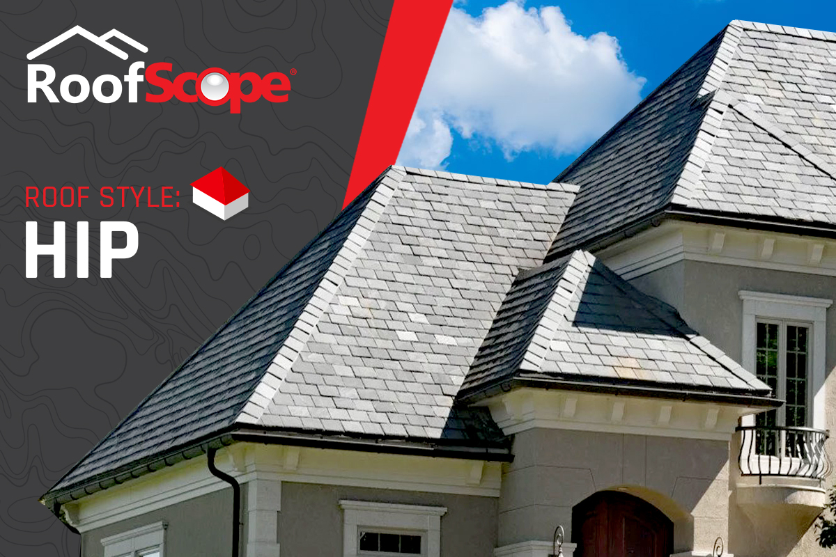 Hip roof with four sloping sides meeting at a ridge