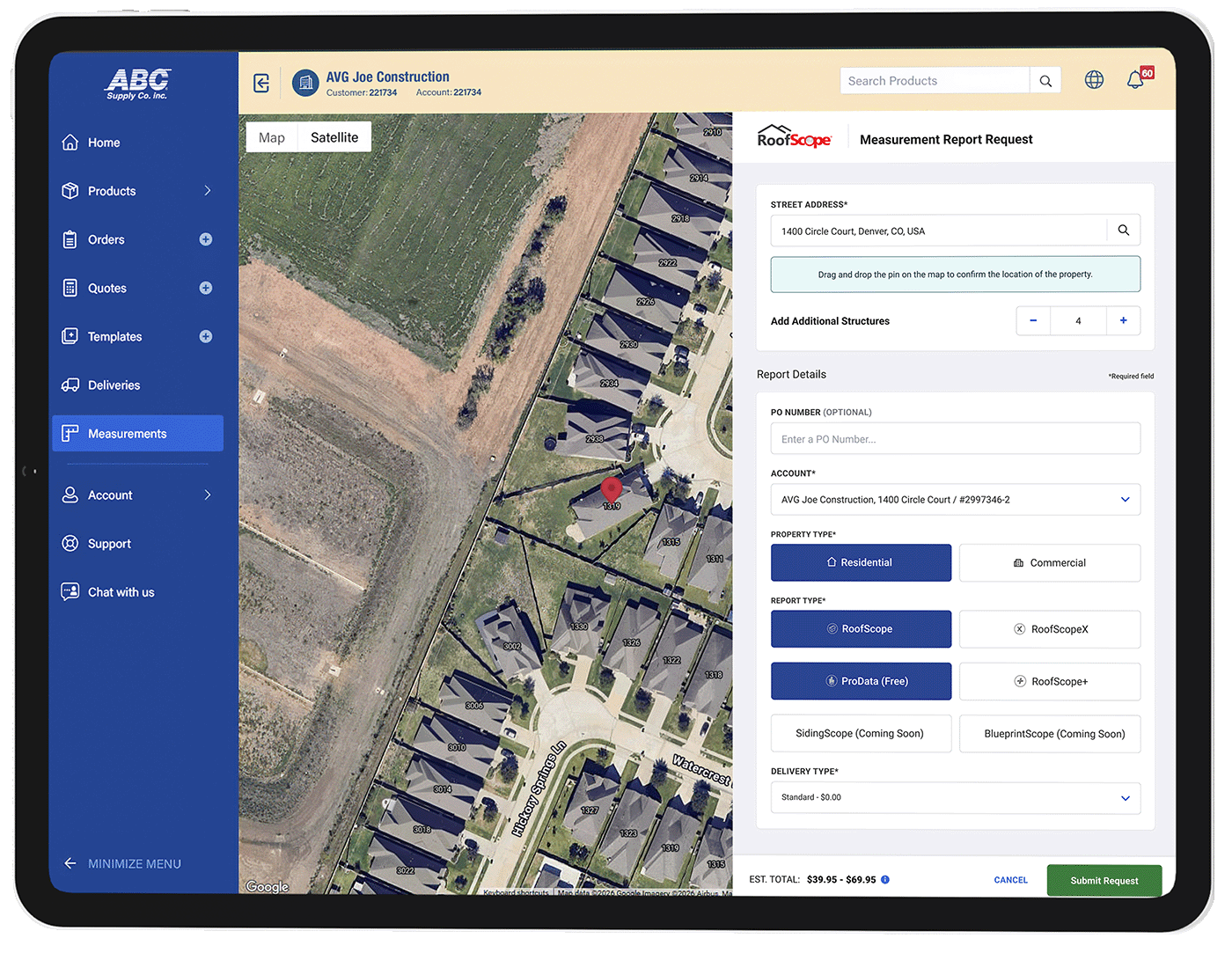 myABCsupply desktop screen showing a RoofScope measurement report request