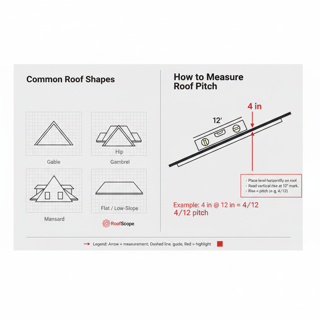 Diagram showing common roof shapes and how to measure pitch with a 12-inch level