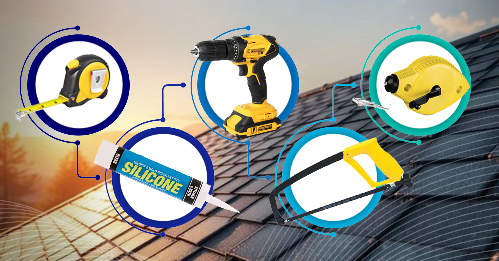 Do-it-yourself gutter tools including tape measure, drill, tin snips, and ladder